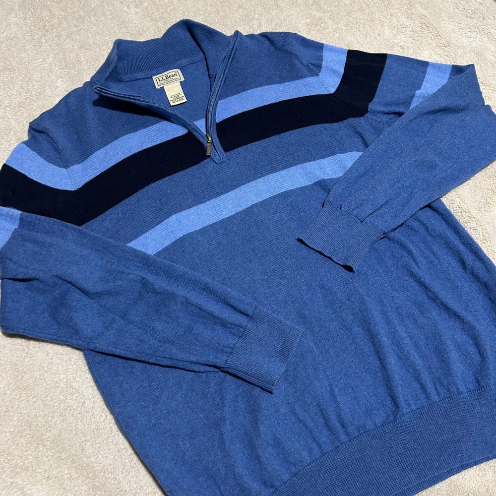 LL Bean Sweater Mens Medium Blue Striped Cotton Cashmere Quarter Zip 503236